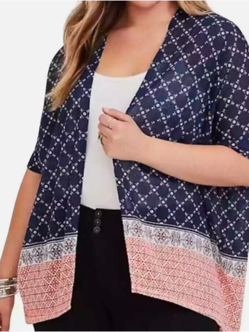 Torrid Navy Blue Geometric Border Print Open Front Kimono Cardigan Size 2X